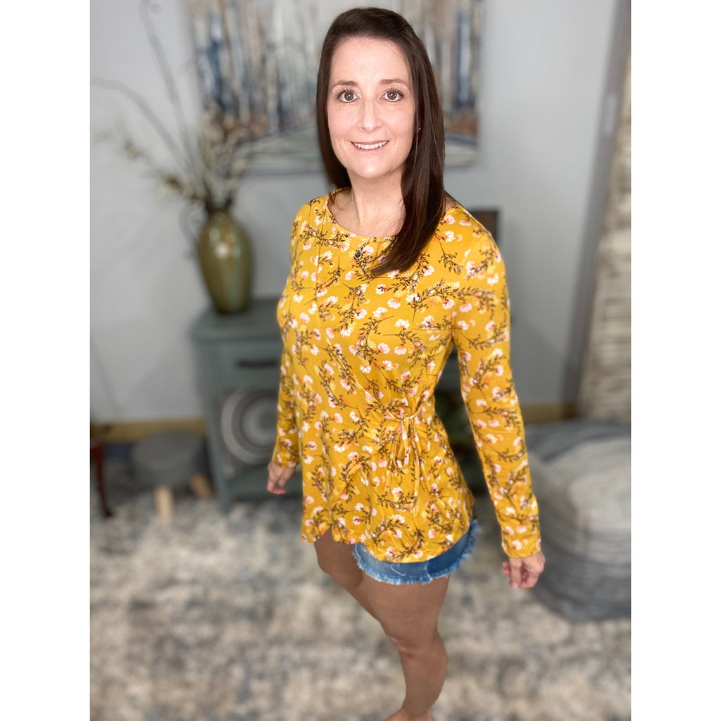 "Wrap Me In Love" Floral One Side Faux Wrap Tie Scoop Neck Long Sleeve Top Yellow
