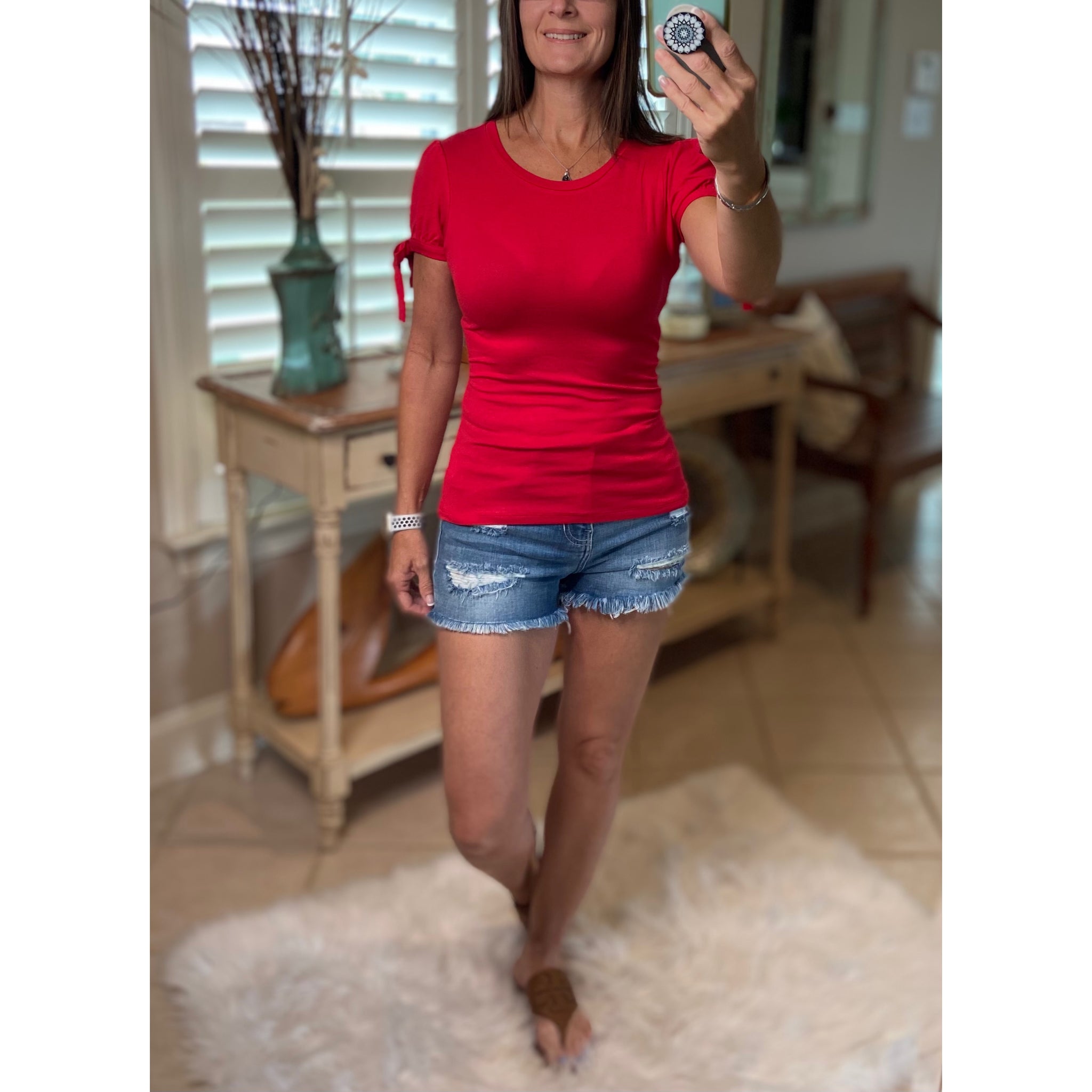 "Love On Top" Sexy Slimming Self Tie Keyhole Short Sleeve Round Neck Top Red S/M/L