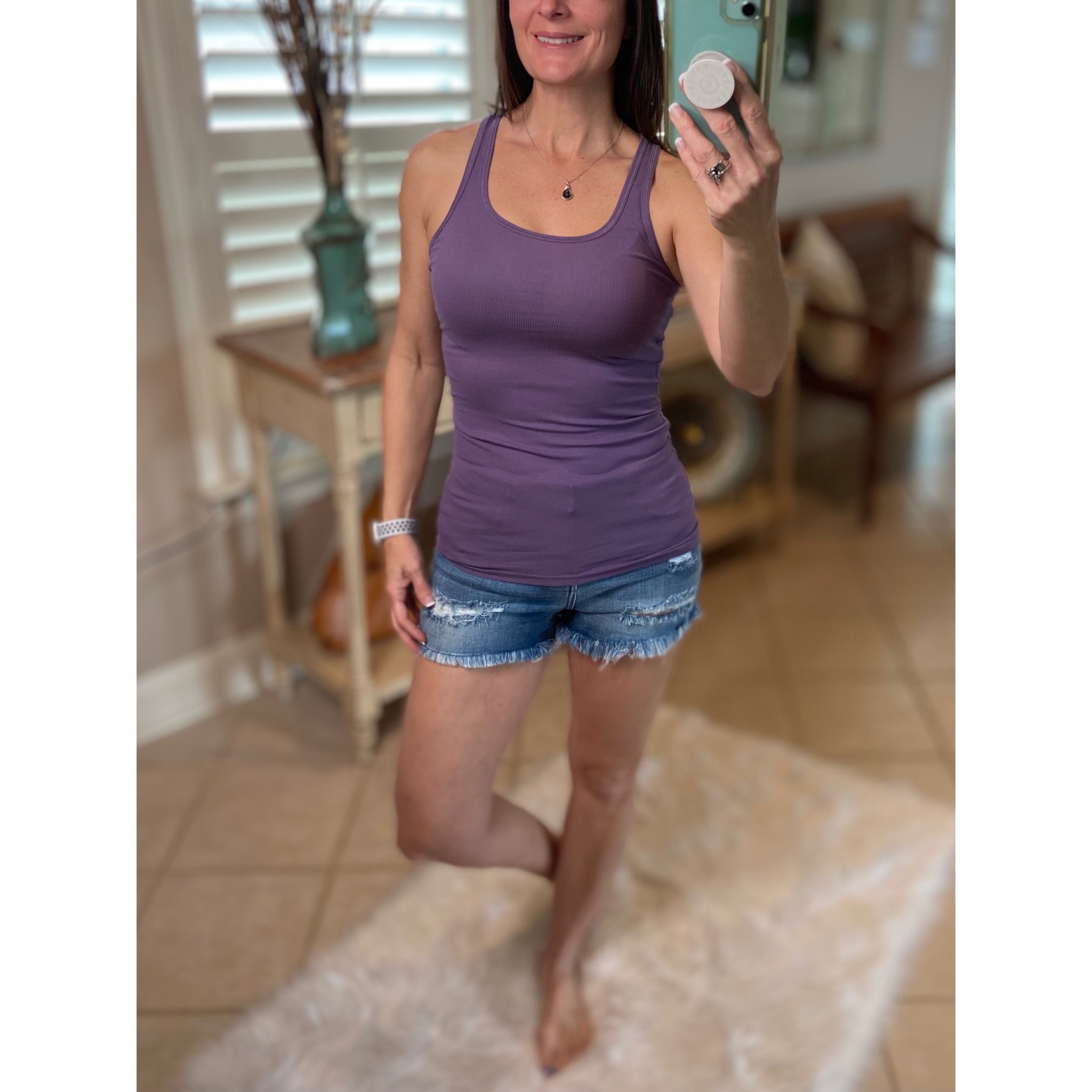 “Can’t Touch This” Ribbed Low Scoop Boy Beater Cleavage Fitted Tank Top Purple Lilac S/M/L