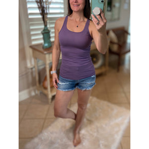 “Can’t Touch This” Ribbed Low Scoop Boy Beater Cleavage Fitted Tank Top Purple Lilac S/M/L