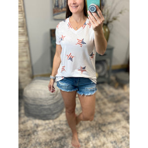 "All American Girl" Stars and Stripes 4th of July Star Print V-Neck Red White Blue S/M/L/XL