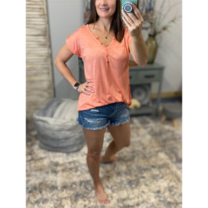 “Just Be You” Sheer Burnout Melange Tissue V-Neck Henley Tab Sleeve Shirt Floaty Tee Peach