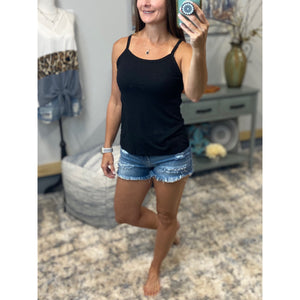“Perfect Places” Ribbed Scoop Spaghetti Strap Cami Tank Top Black S/M/L