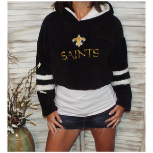 New Orleans Saints Sporty Sherpa Fleece Plush Hoodie Cropped Jacket Black S/M/L