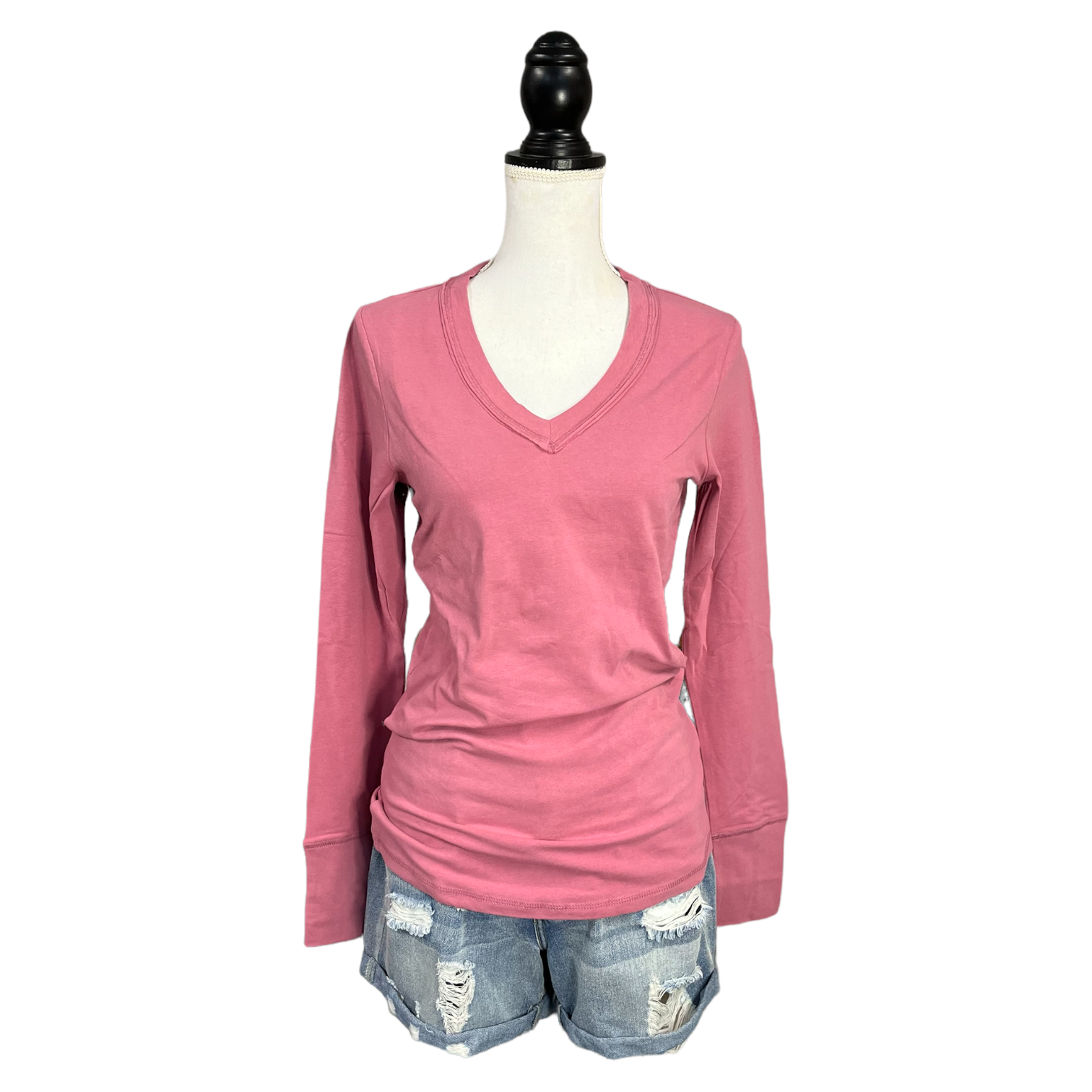 Sexy V-Neck Low Cut Cleavage Knit Stretch Slimming Shirt Top Tee Pink S/M/L