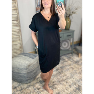 "Timeless" Boxy V-Neck Rolled Cuff Sleeve Pocket Summer Tee Shirt Dress Black S/M/L/XL
