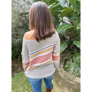 “My Happy Place” Lightweight Ribbed Knit Sweater Striped Off Shoulder Long Sleeve