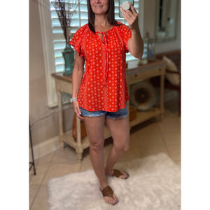 “Wildflower” Floral Dressy Self Tie Keyhole Short Sleeve Round Neck Lightweight Top Red