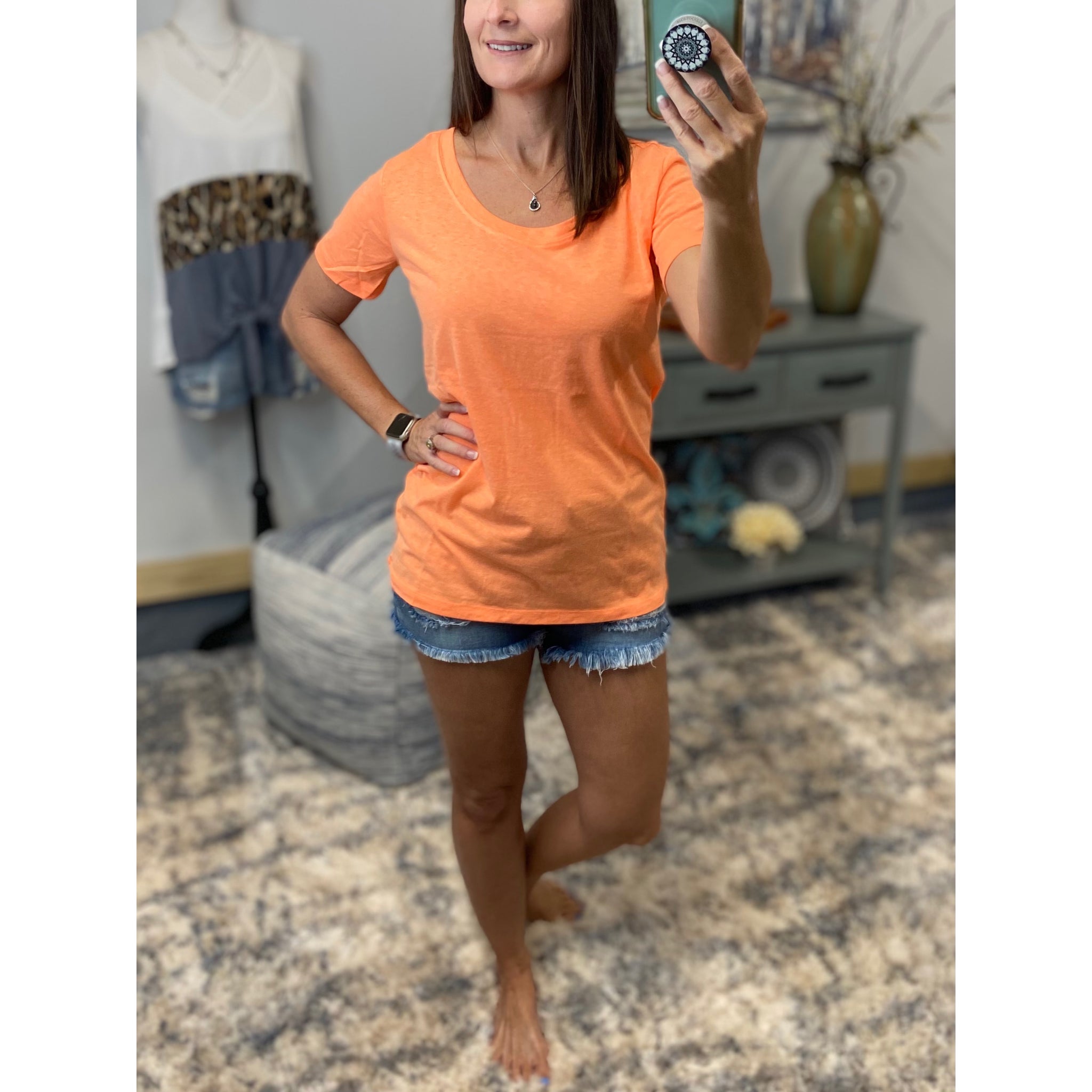 "Neon Rainbow" Loose Floaty Scoop Neck Boyfriend Tee Shirt Melange Neon Orange S/M/L