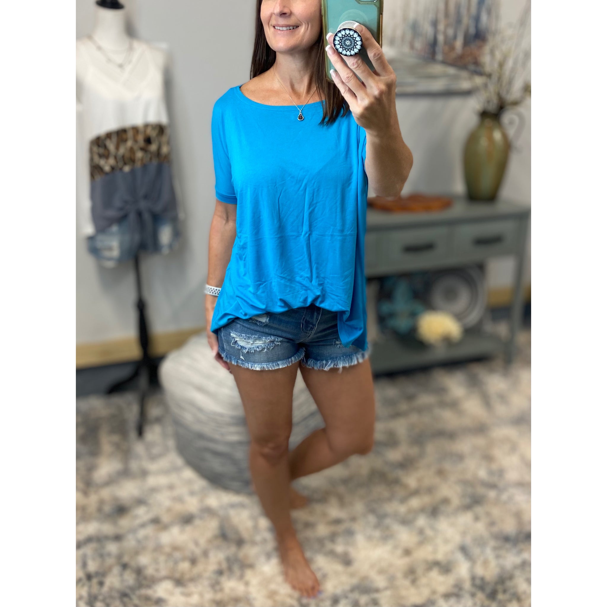 PIKO Dolman Wide Open Boat Neck Dolman Sleeve Tunic Top Shirt Blue S/M/L