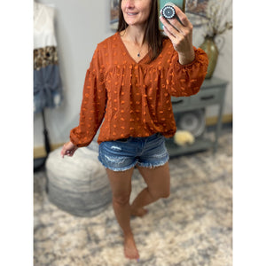 “Harvest Festival” Swiss Dot Long Bubble Sleeve V-Neck Floaty Top Rust