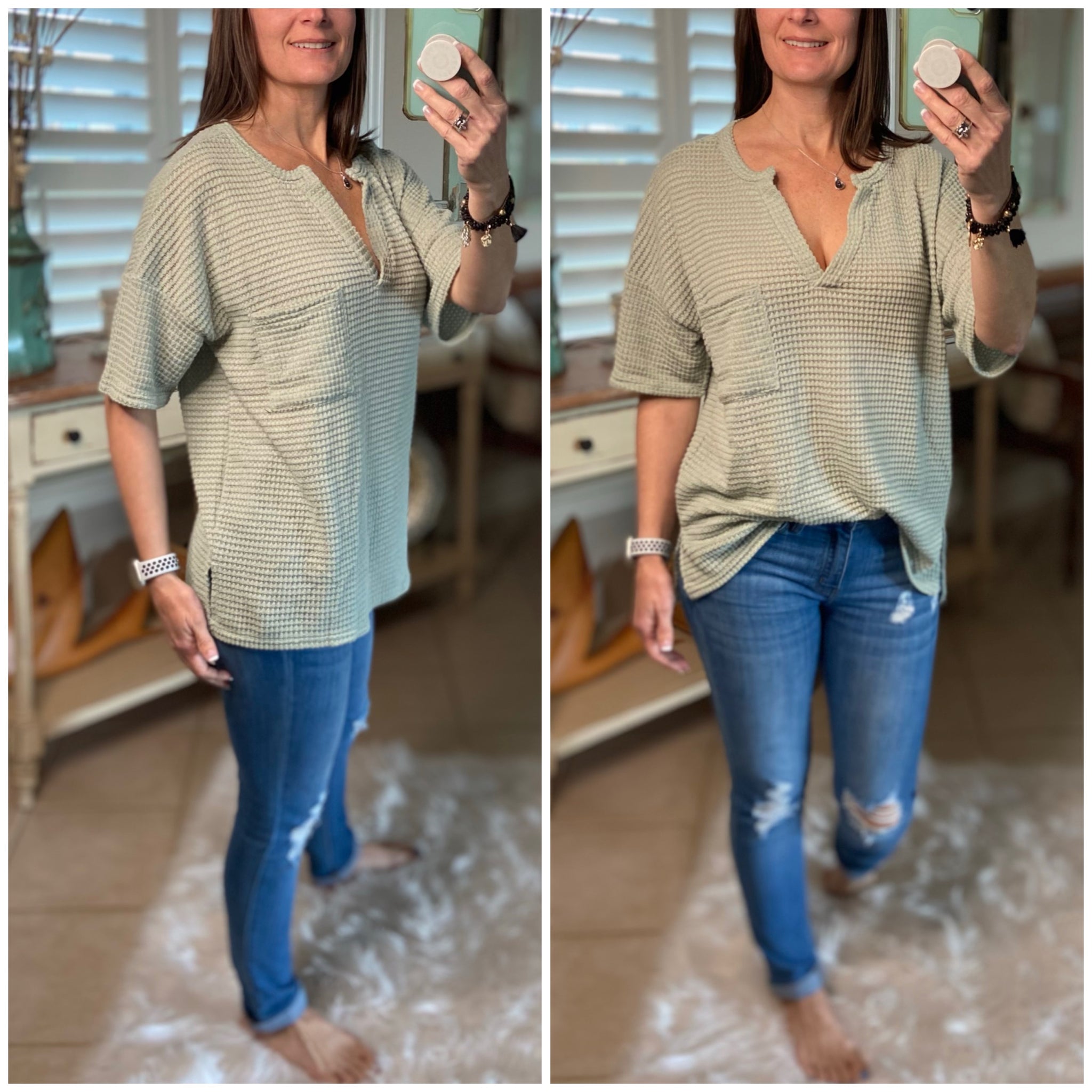 “Gabby Top” Gabby Popcorn Waffle Thermal Pocket V-Neck Short Sleeve Top Sage S/M/L/XL