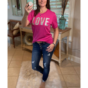 “All My Love” Silver Glitter Bling LOVE Boyfriend Baby Basic Tee Shirt Pink S/M/L/XL