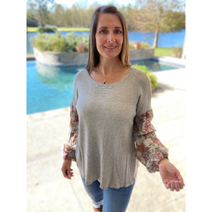 Woven Waffle Bishop Bubble Floral Contrast Long Sleeve Top Gray S/M/L