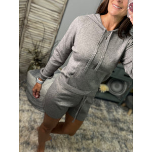 “Wrapped in Cozy” Knit Sweater Dressy Lounge Hoodie Kangaroo Drawstring Top & Bottom Set Gray S/M/L