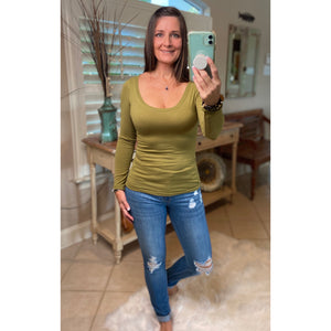 Sexy Slimming Scoop Neck Low Cut L/S Tissue Basic Baby Shirt Top Green