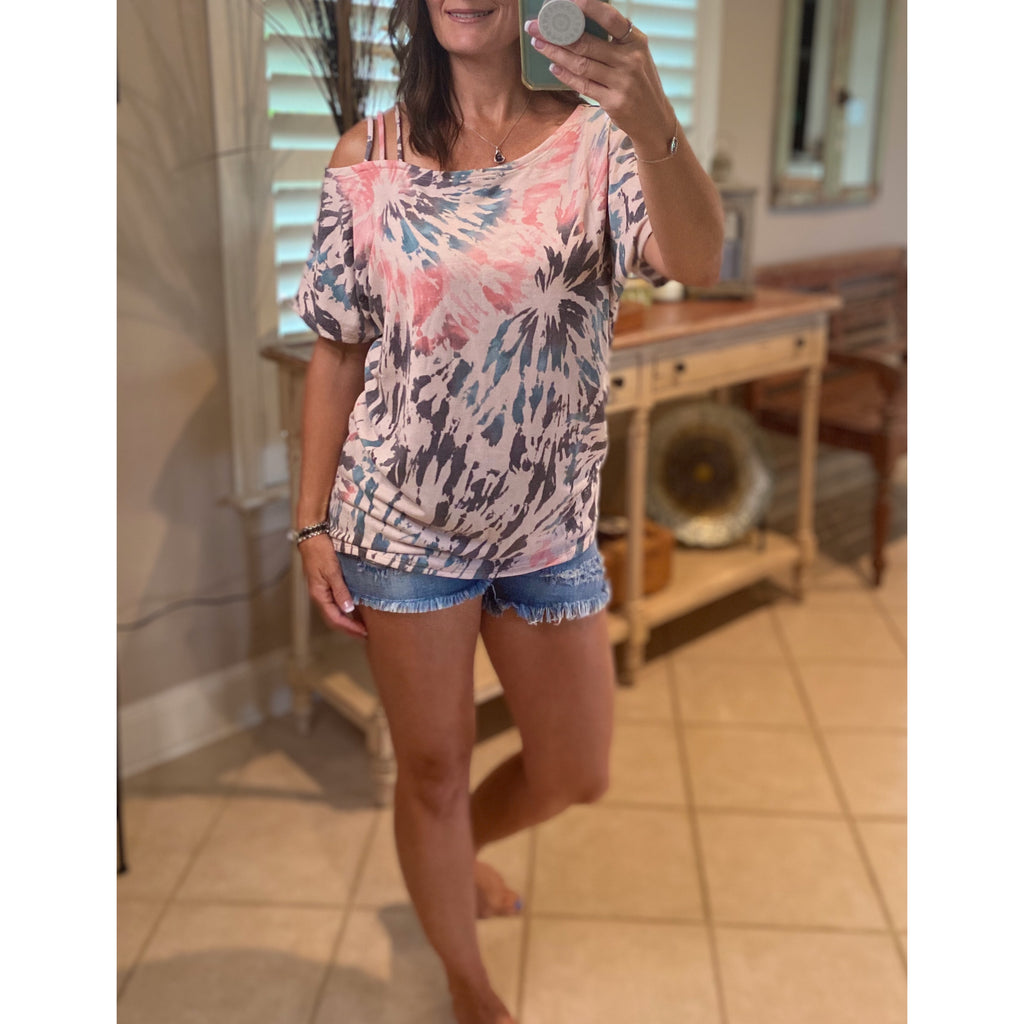 “Three’s a Crowd” Multi Tie Dye Off Strappy Cold Shoulder French Terry Sleeve Top S/M/L/XL