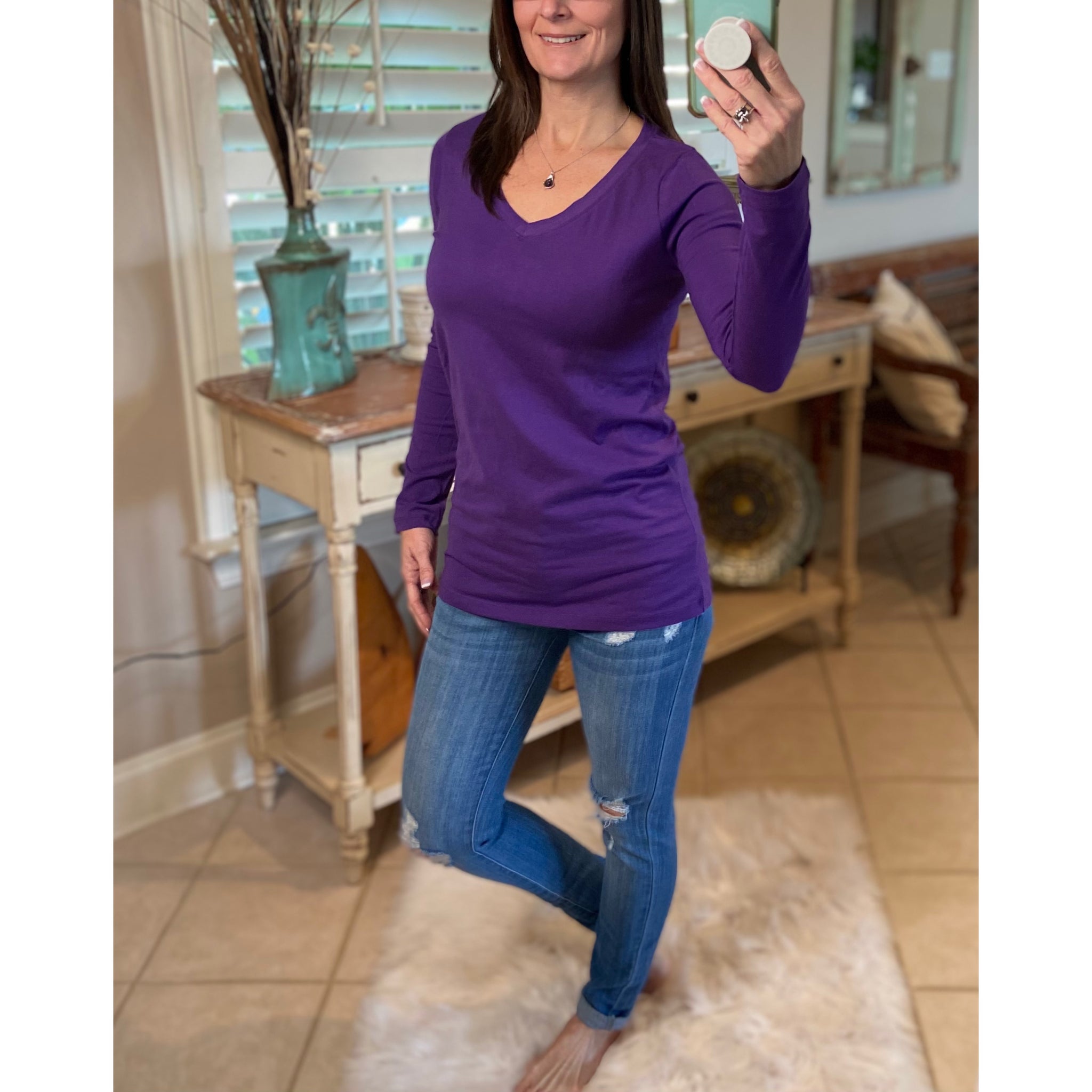 “Be My Baby” Loose Slimming V-Neck Low Cut Long Sleeve Tissue Basic Baby Shirt Top Purple