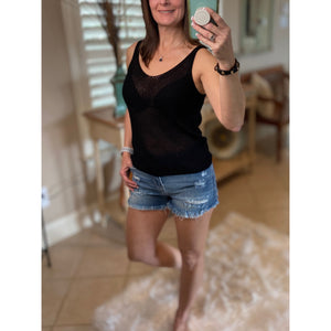 “Spring Fling” Sexy Low Double V Neck Back Sleeveless Dressy Knit Sweater Tank Black