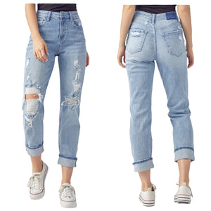 "Rise & Shine" Risen High Rise Cuff Denim Distressed Boyfriend Stretch Jeans Light Wash Blue