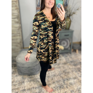 “Suspicious Love” Open Long Cardigan Pocket Asymmetrical Light Long Sleeve Open Front Camouflage