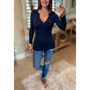 Very Sexy Deep V Neck Plunge Cleavage Military Henley Pocket Top Navy