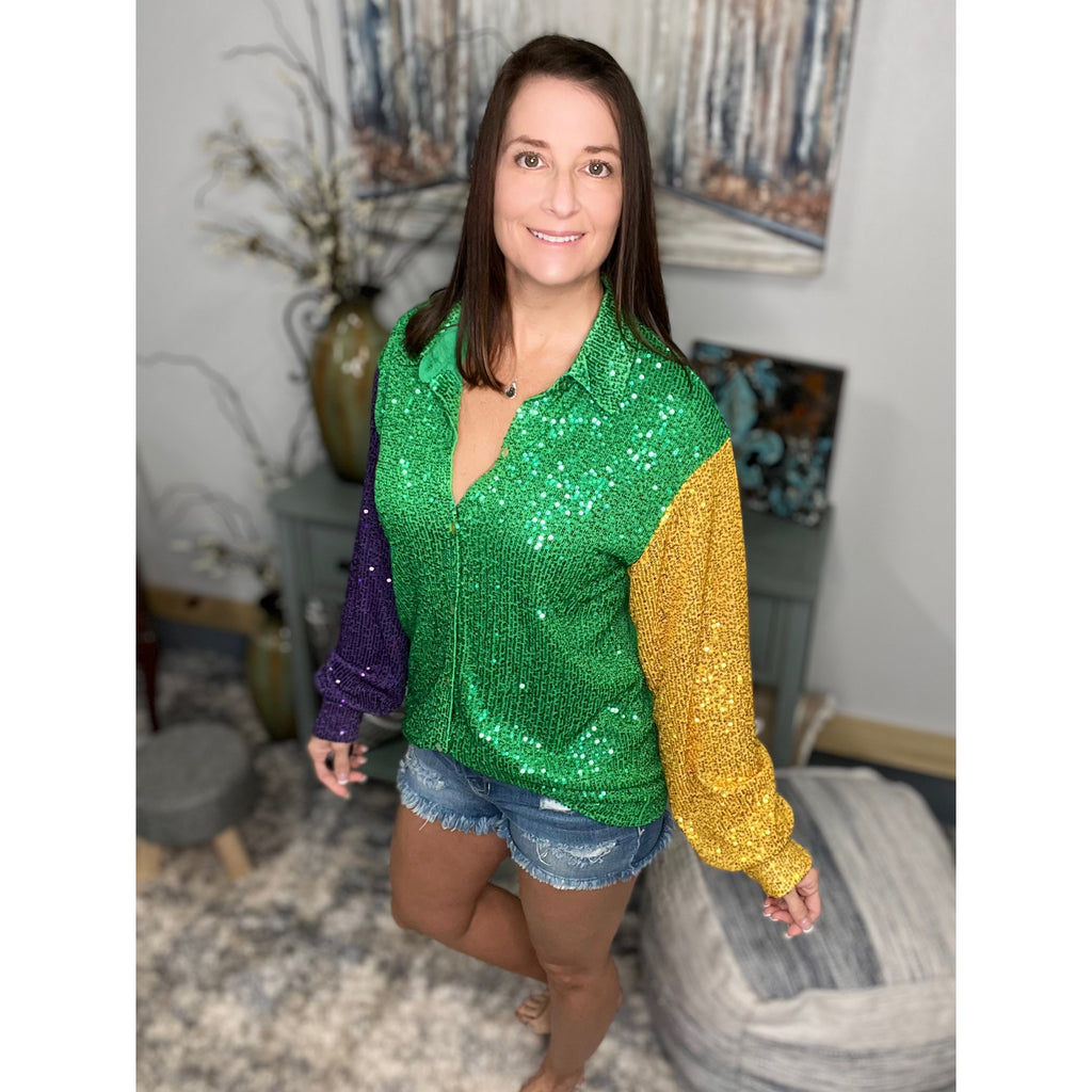 “The Krewe” Mardi Gras Sequined Color Block Balloon Sleeves Button Up Shacket Parade Purple Green & Gold