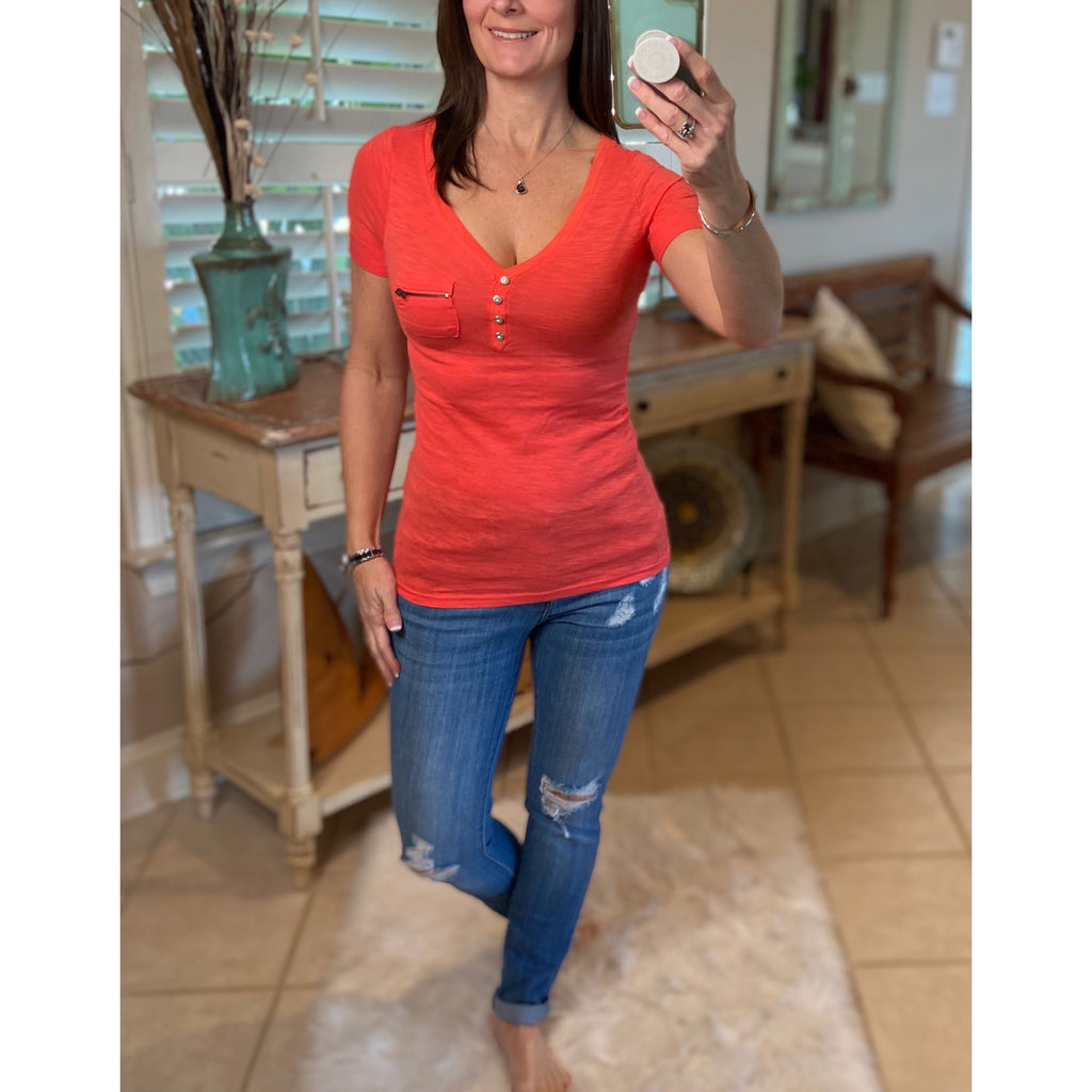 Womens Top Orange Burnout Henley Zip Pocket Short Sleeve V Neck Cleavage