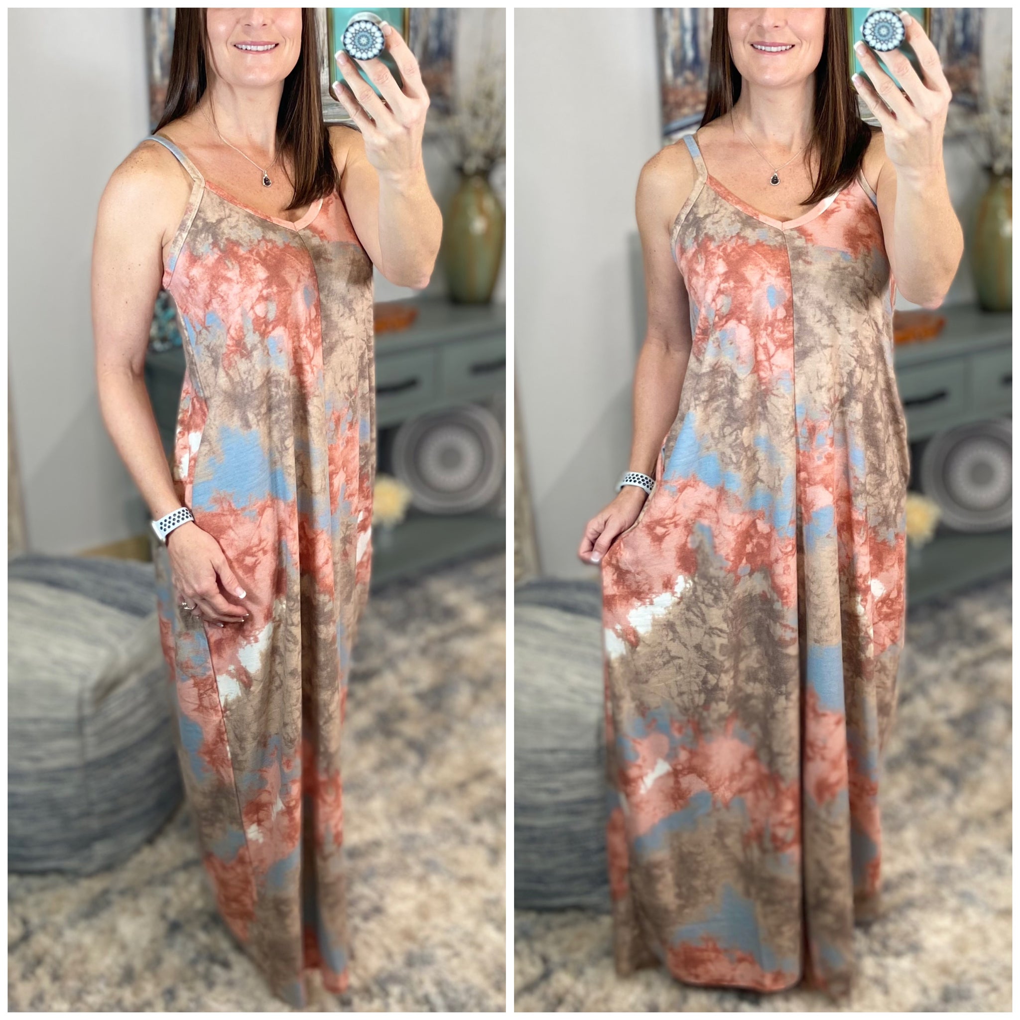 “In The Springtime” Maxi Dress Tie Dye French Terry V Neck Cami Tank Long Tube Pocket Summer Peach Blue