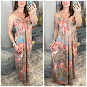 “In The Springtime” Maxi Dress Tie Dye French Terry V Neck Cami Tank Long Tube Pocket Summer Peach Blue