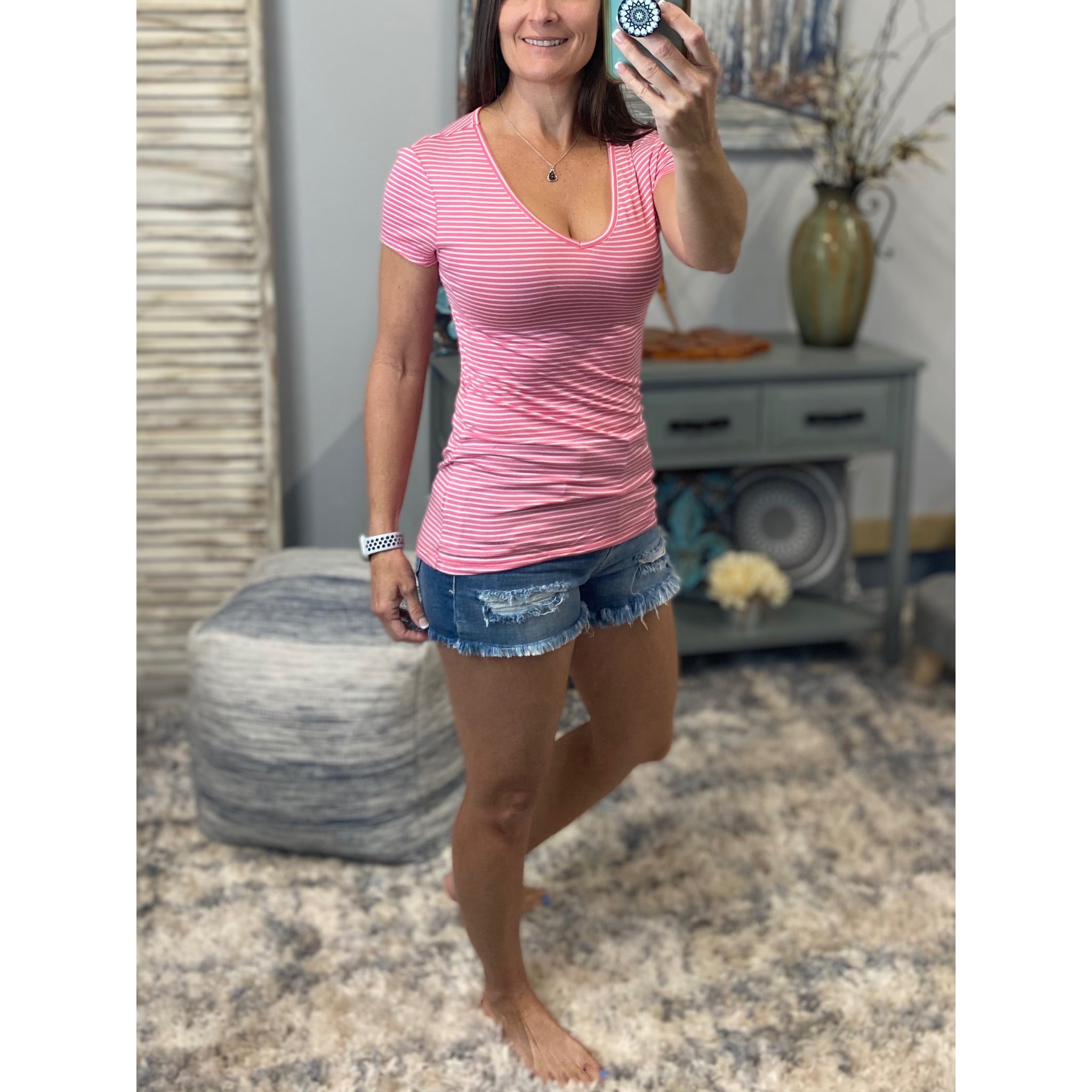 V-Neck Preppy Striped Rugby Stretch Baby Tee Shirt Pink White S/M/L