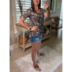 "Summertime Tee" Camouflage Loose Floaty V Neck Short Sleeve Boyfriend Tee Shirt Army Green