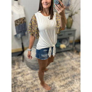“If I Were A Butterfly” Floral Short Flutter Sleeve Round Neck Self Tie Bottom Top Yellow S/M/L