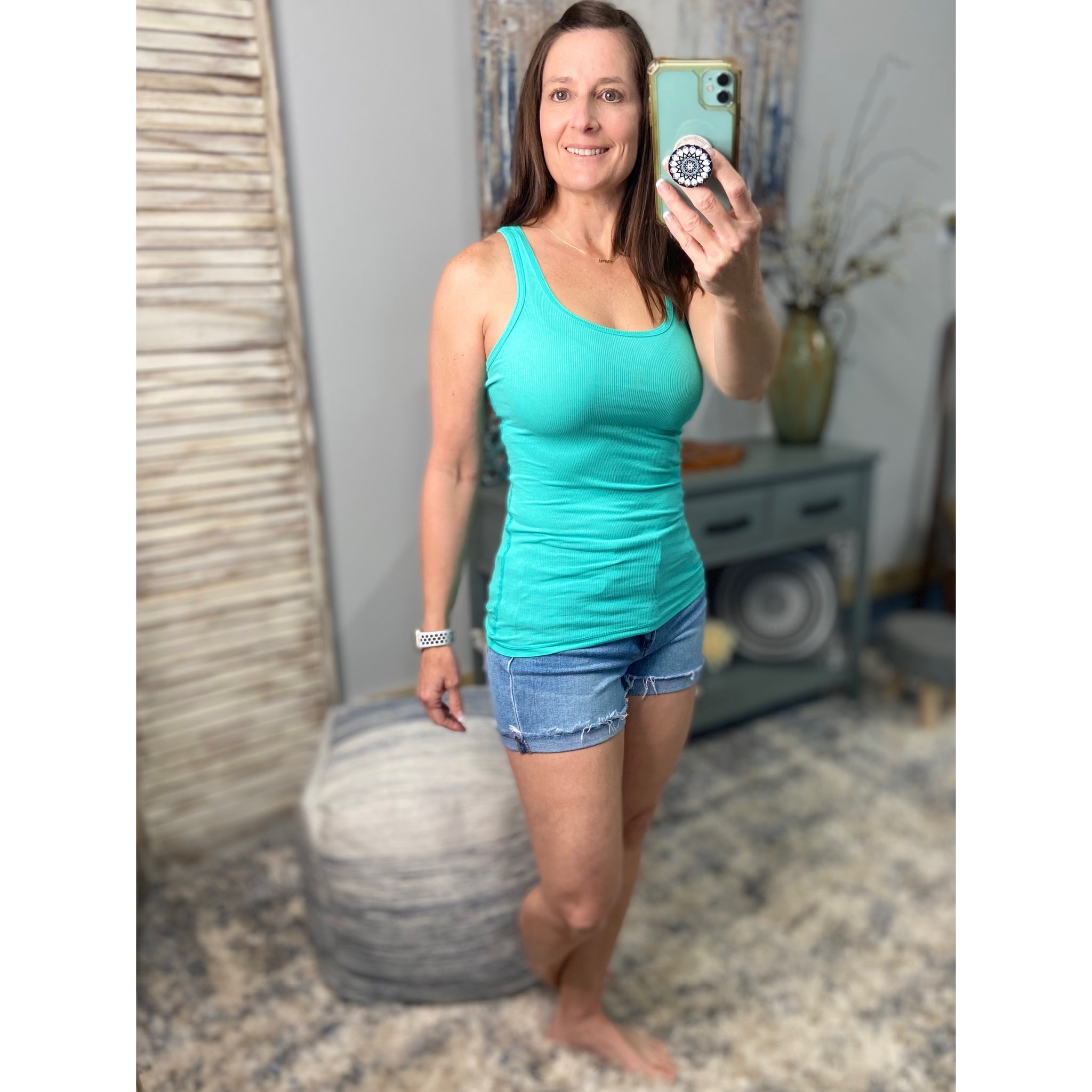 "Can't Touch This" Ribbed Racerback Low Scoop Boy Beater Cleavage Tank Top Dark Mint S/M/L/XL