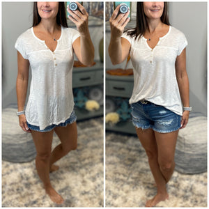 “Just Be You” Sheer Burnout Melange Tissue V Neck Henley Tab Sleeve Shirt Floaty Tee White S/M/L