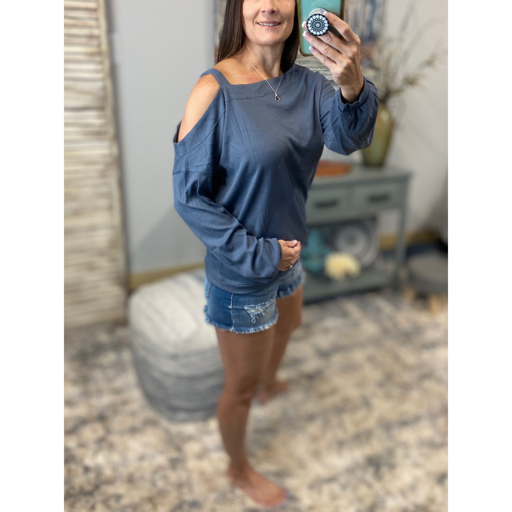 "Show Me The Way" One Cold Shoulder Cutout Waffle Asymmetrical Long Sleeve Top Blue