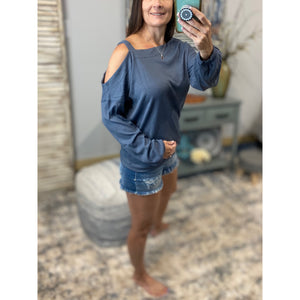 "Show Me The Way" One Cold Shoulder Cutout Waffle Asymmetrical Long Sleeve Top Blue