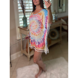 “Beach Bound” Tie Dye Chic Boho Tassel Hem Beach Mini Cover Up Vibrant One Size