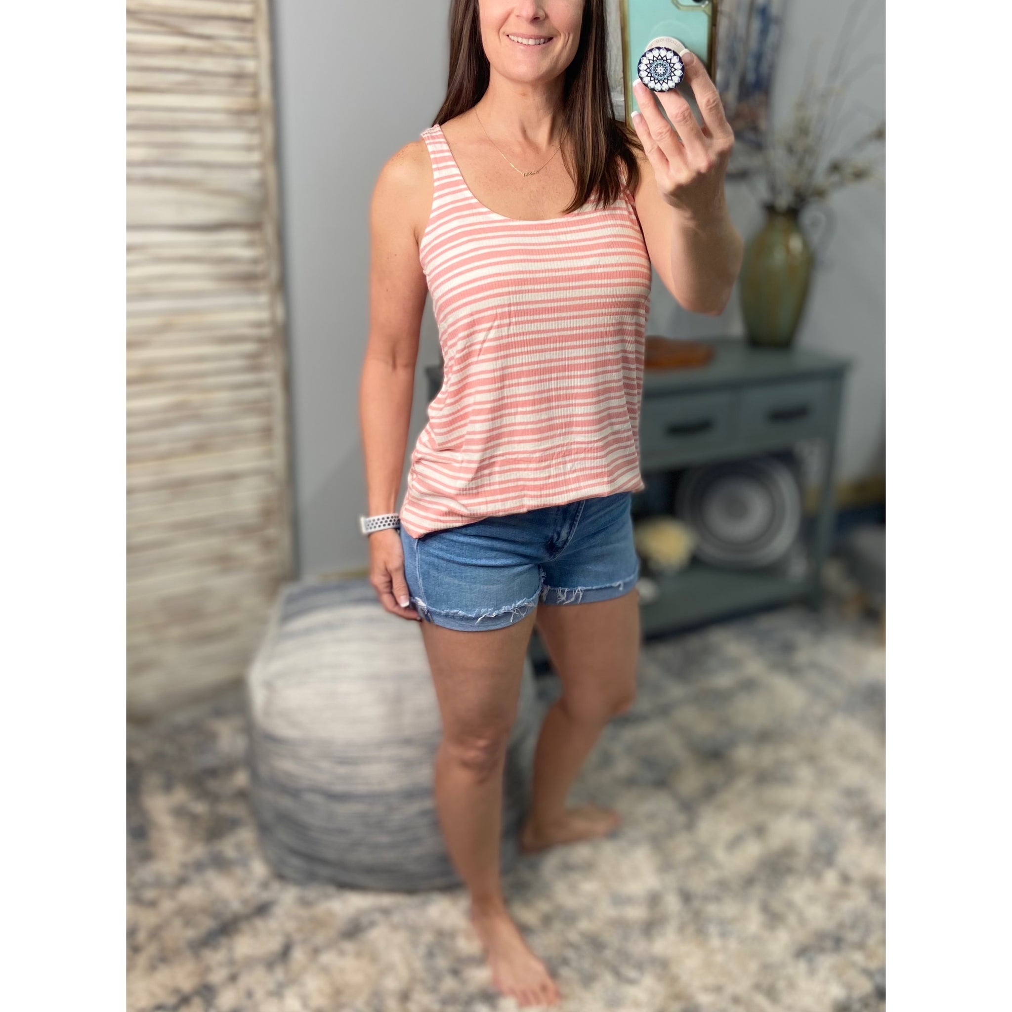 "Level Up" Ribbed Striped Scoop Neck Sleeveless Summer Beach Floaty Tank Top Tunic Pink