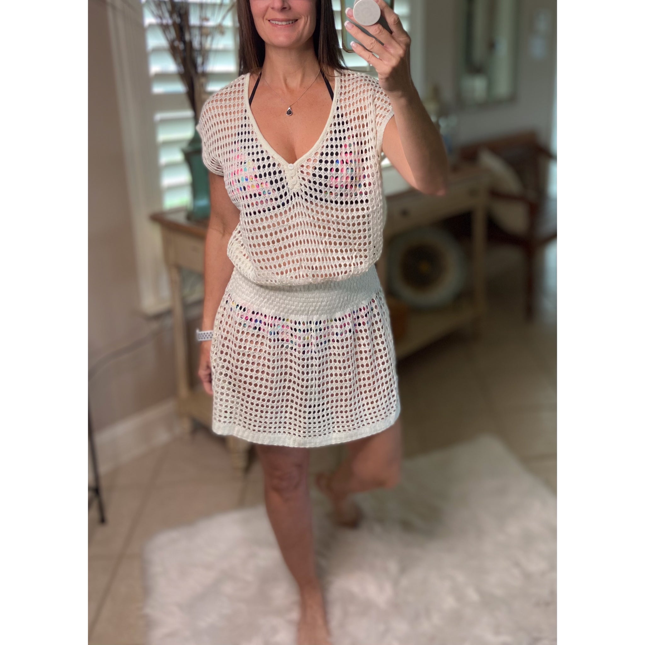 “Ocean Eyes” Crochet Mesh V Neck Mini Beach Swimsuit Cover Up Beach Pool White One Size