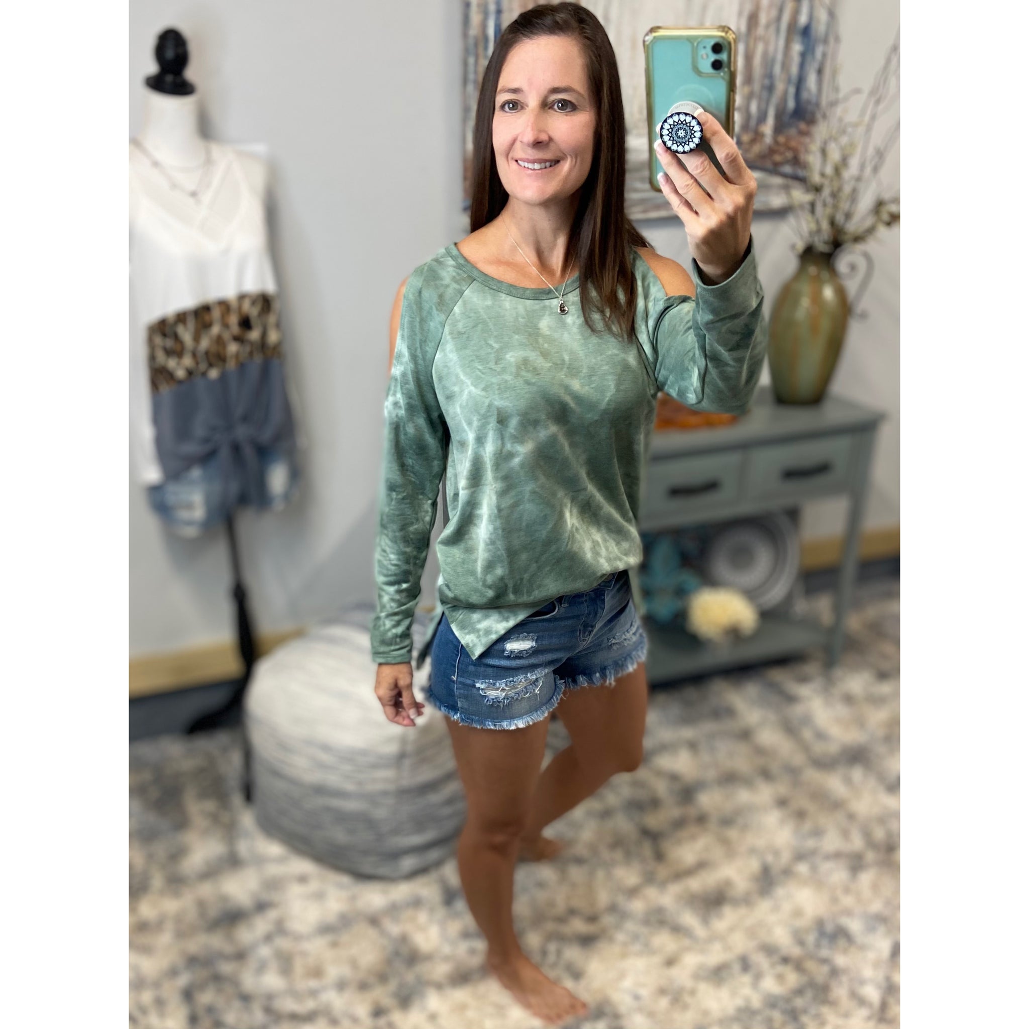 “Never Better” Tie Dye French Terry Cold Shoulder Long Sleeve Round Neck Split Side Top Green