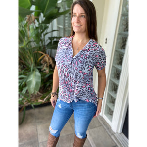 “She Is Fierce” Leopard V-Neck Collar Short Sleeve Tab Button Floaty Top Gray Pink