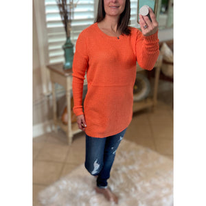 “Undone” Waffle Hi-Low Rounded Hem Long Sleeve Round Neck Tunic Sweater Coral