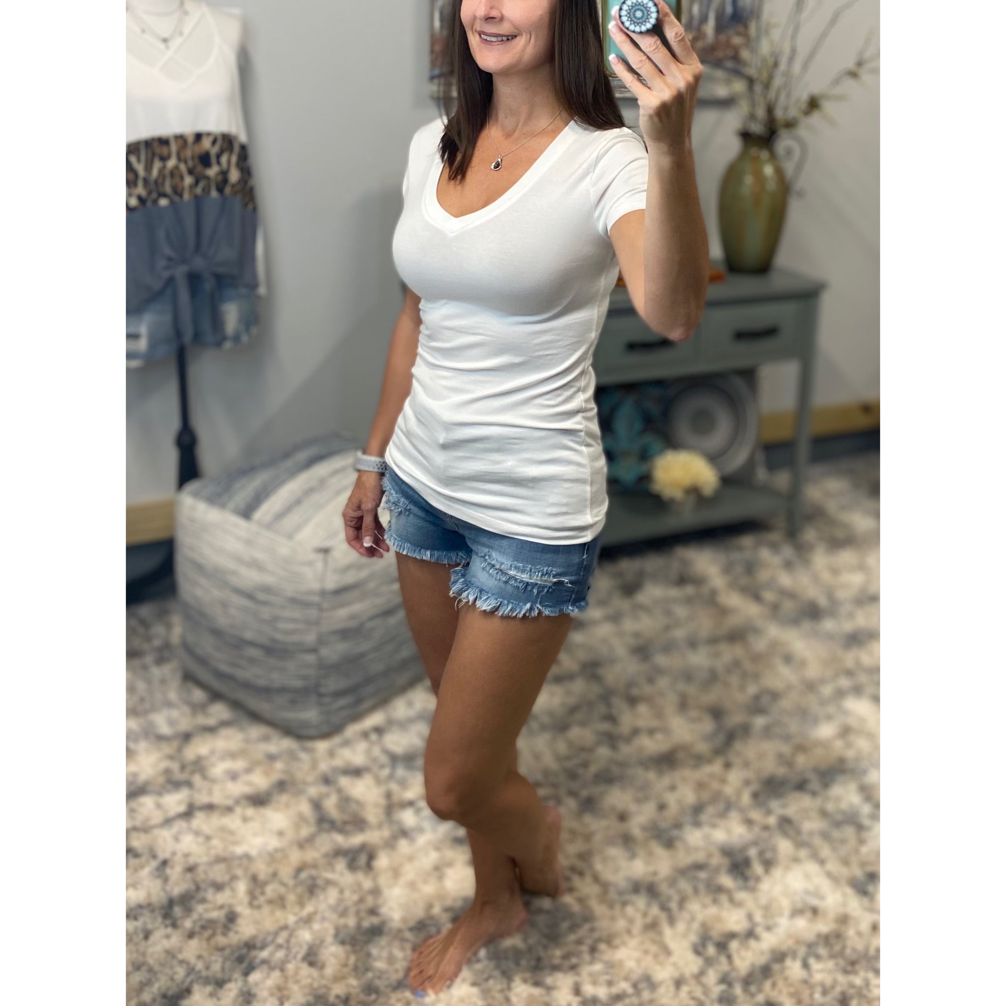 “Basic Babe” Low Cut V-Neck Cleavage Baby Slimming Basic Tee Shirt White 1X/2X/3X