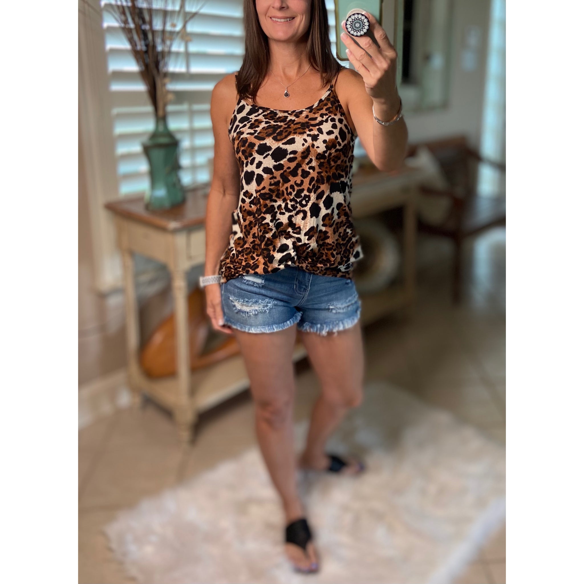 “Heat Wave” Reversible Leopard Low Scoop Or V Neck Spaghetti Strap Tank Top Brown