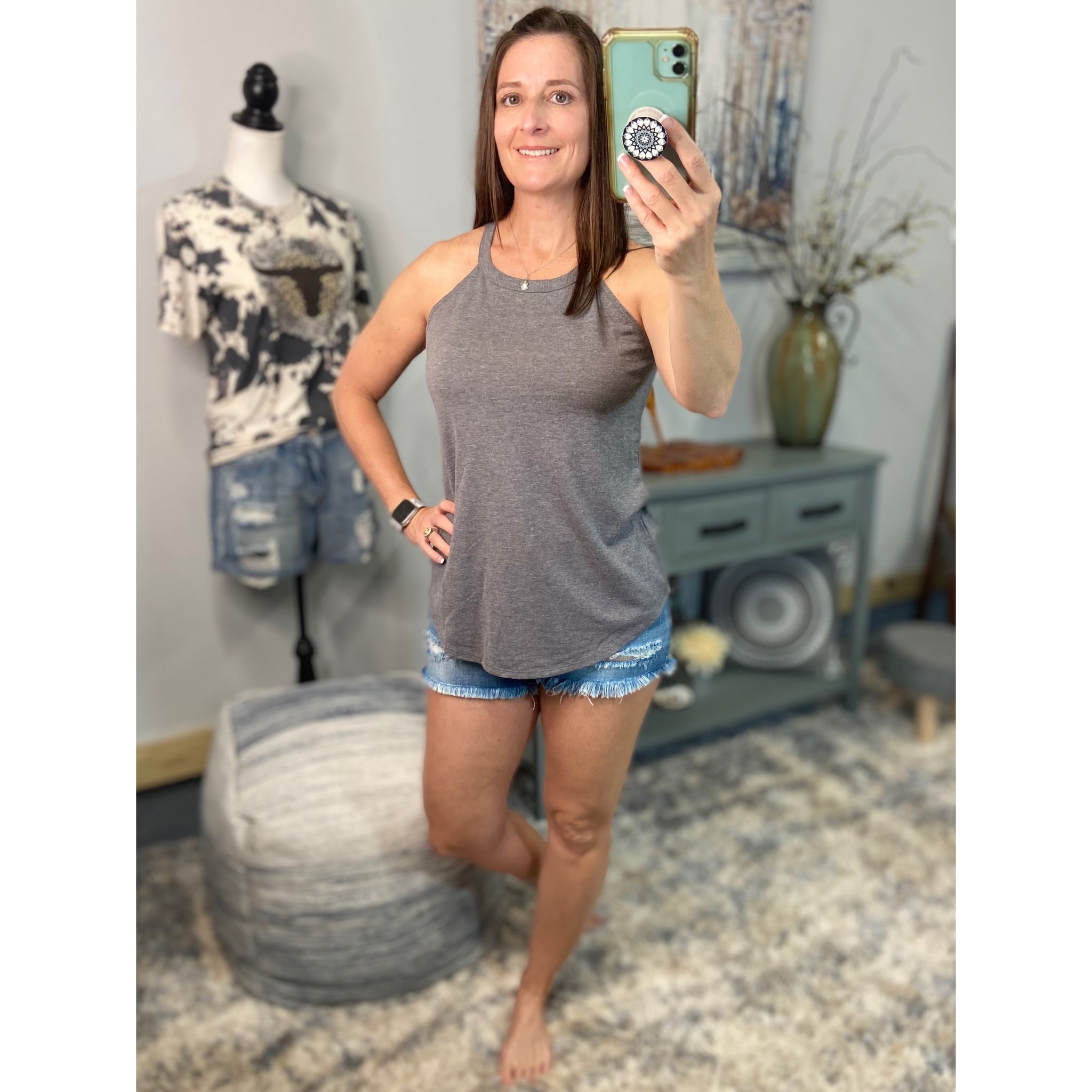 Tri Rocker Racerback Scoop Neck Floaty Trendy Summer Tank Top Light Gray