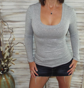 “Easygoing” Slimming Scoop Neck Low Cut L/S Tissue Basic Baby Shirt Top Gray 1X/2X/3X