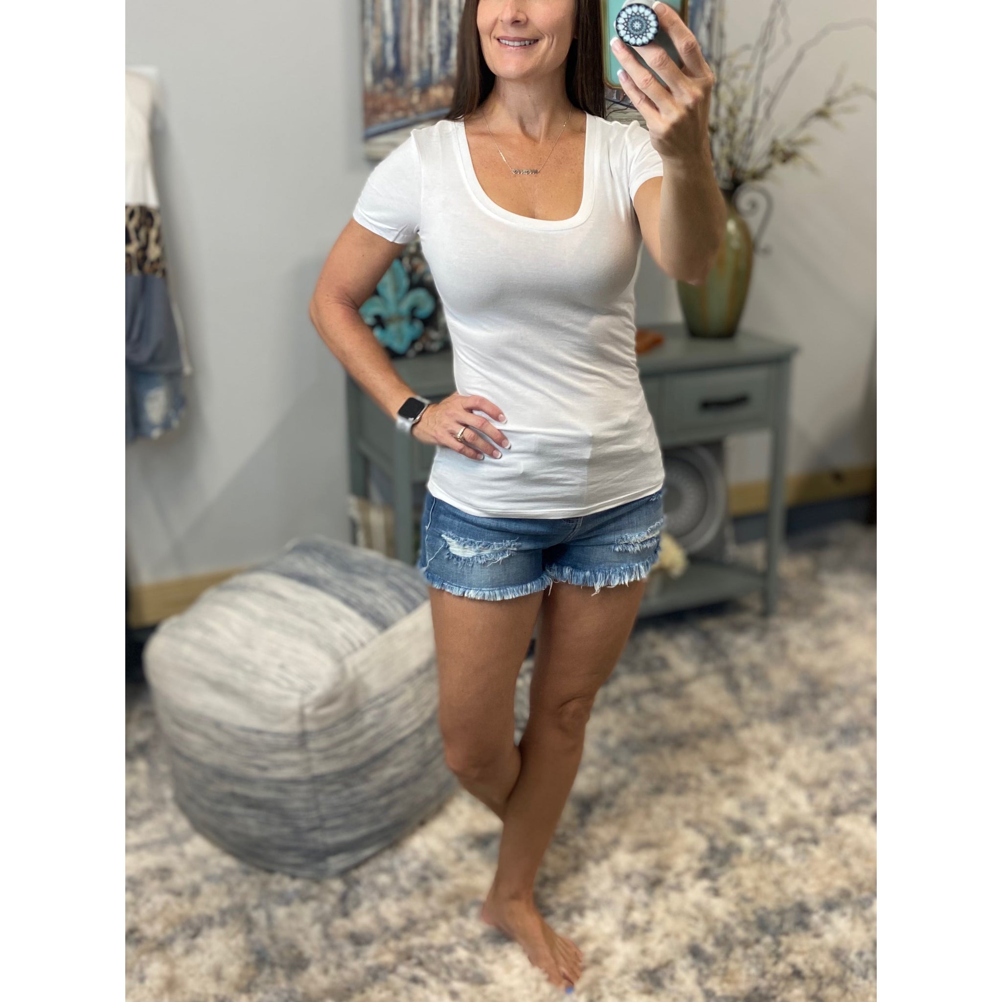"Basic Babe" Low Cut Scoop Neck Cleavage Baby Slimming Basic Tee Shirt White 1X/2X/3X