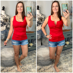 “Let The Sun Shine” Ribbed Henley Low Cut Boy Beater Cleavage Fitted Tank Top Red