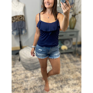Chiffon Ruffle Scoop Neck Low Cut Cleavage Tank Cami Top Navy S/M/L